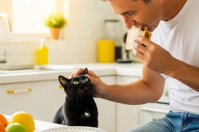 Black cat watching how the human owner eats a sandiwch