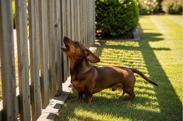 Brown dachshund barking at a fence