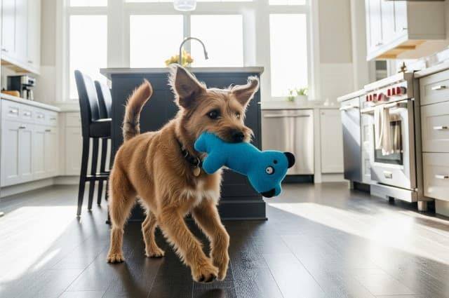 Dog in kitchen with blue toy in the mouth