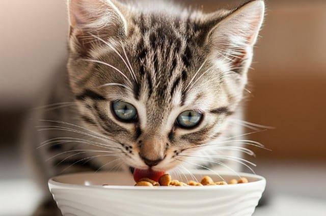 Gray kitten eating food from bowl